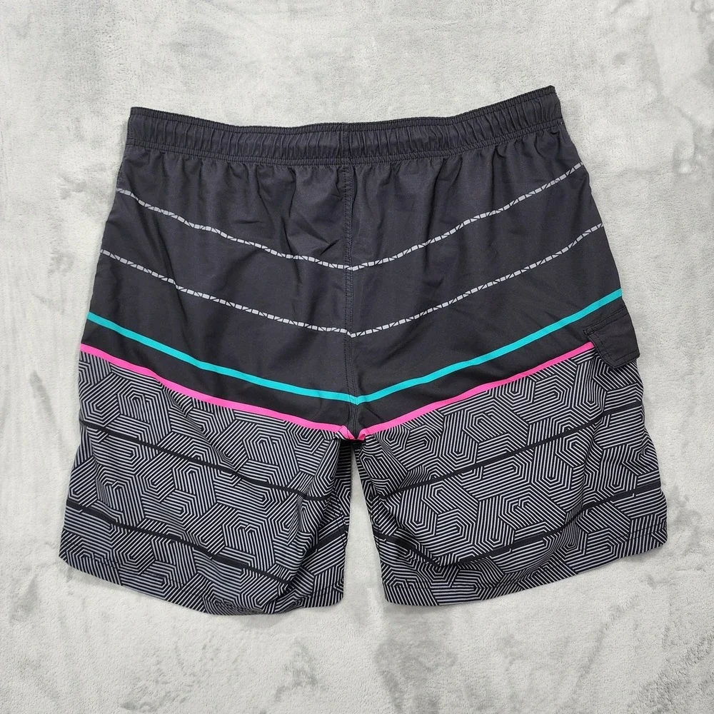 George Swim Trunks Mens XL Black Geometric Lined Drawstring Stretch Beach Summer